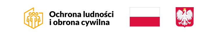 Logo Ochrona ludności i obrona cywilna, biało-czerwona flaga oraz  godło Polski.