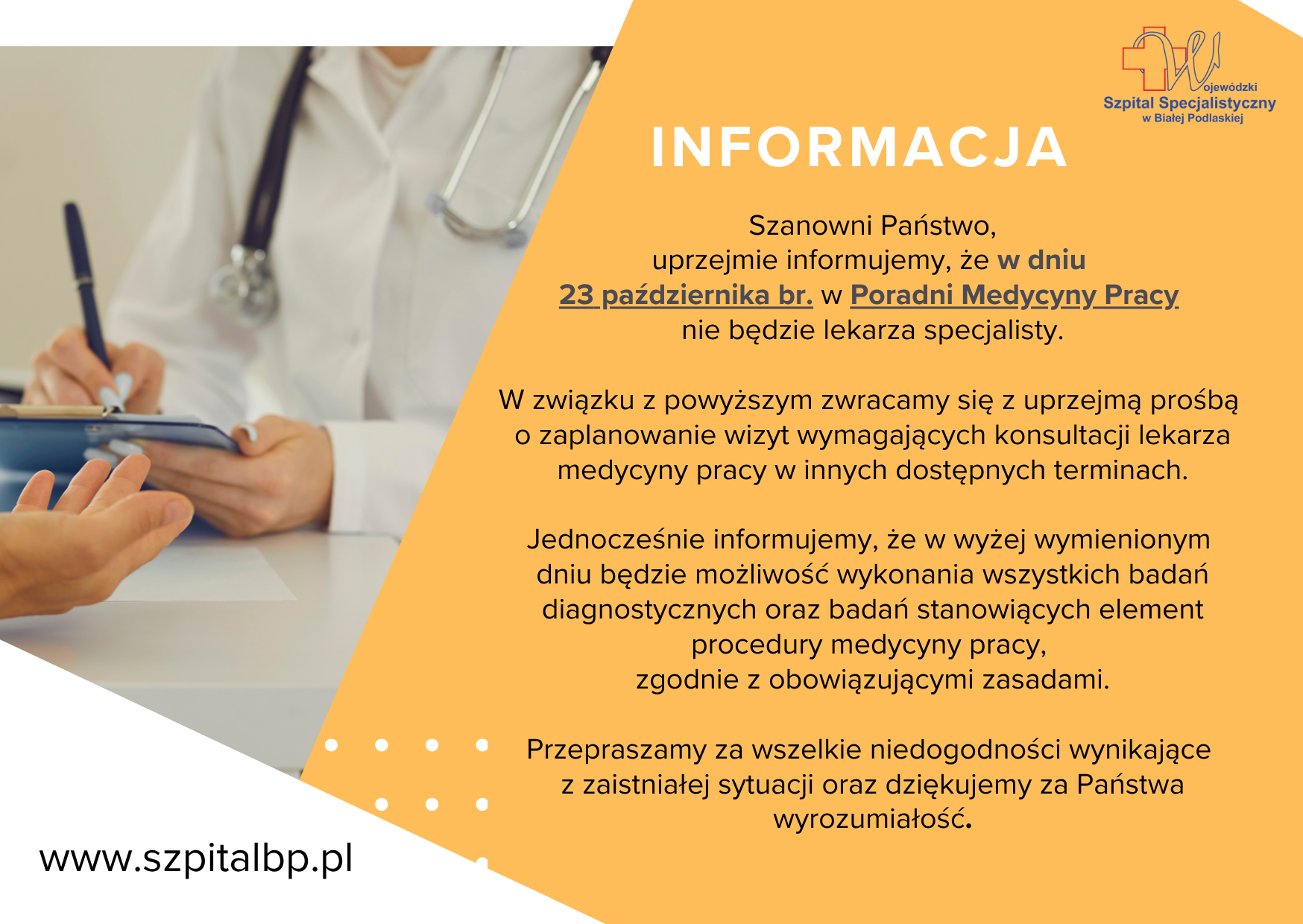 Infografika – Informacja dotycząca Poradni Medycyny Pracy.