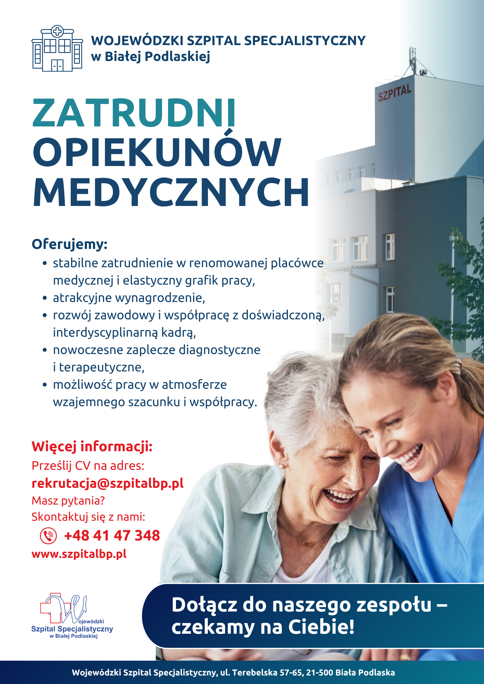 Infografika - Plakat - Wojewódzki Szpital Specjalistyczny w Białej Podlaskiej zatrudni Opiekunów Medycznych.