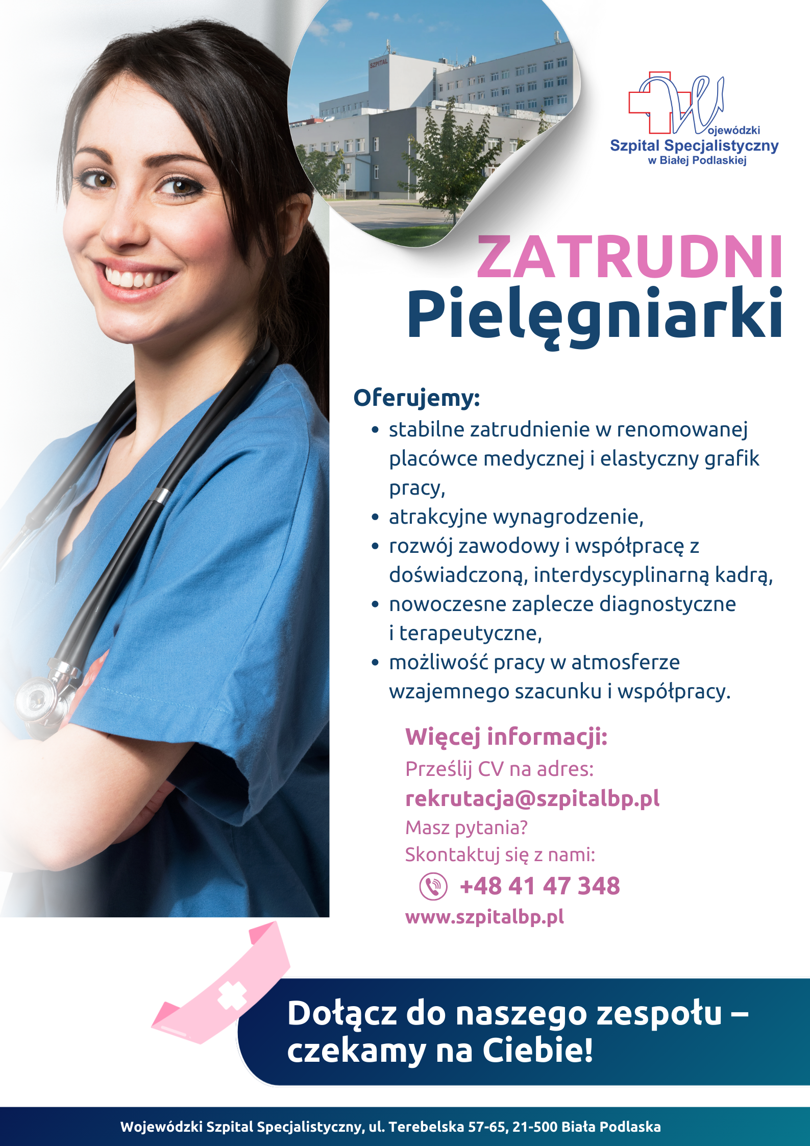 Infografika - Plakat - Wojewódzki Szpital Specjalistyczny w Białej Podlaskiej zatrudni Pielęgniarki.