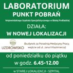 Infografika - Uwaga od 25 wrzesnia 2023r. Nowa lokalizacja Laboratorium - Punkt Pobrań. Budynek za Poradnią Medycyny Pracy, wejście od ul. Jana II Kazimierza.