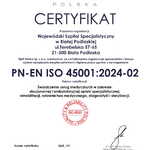 Certyfikat Q&R PN-EN ISO 45001:2024-02 (2024) - Systemy zarządzania bezpieczeństwem i higieną pracy.
