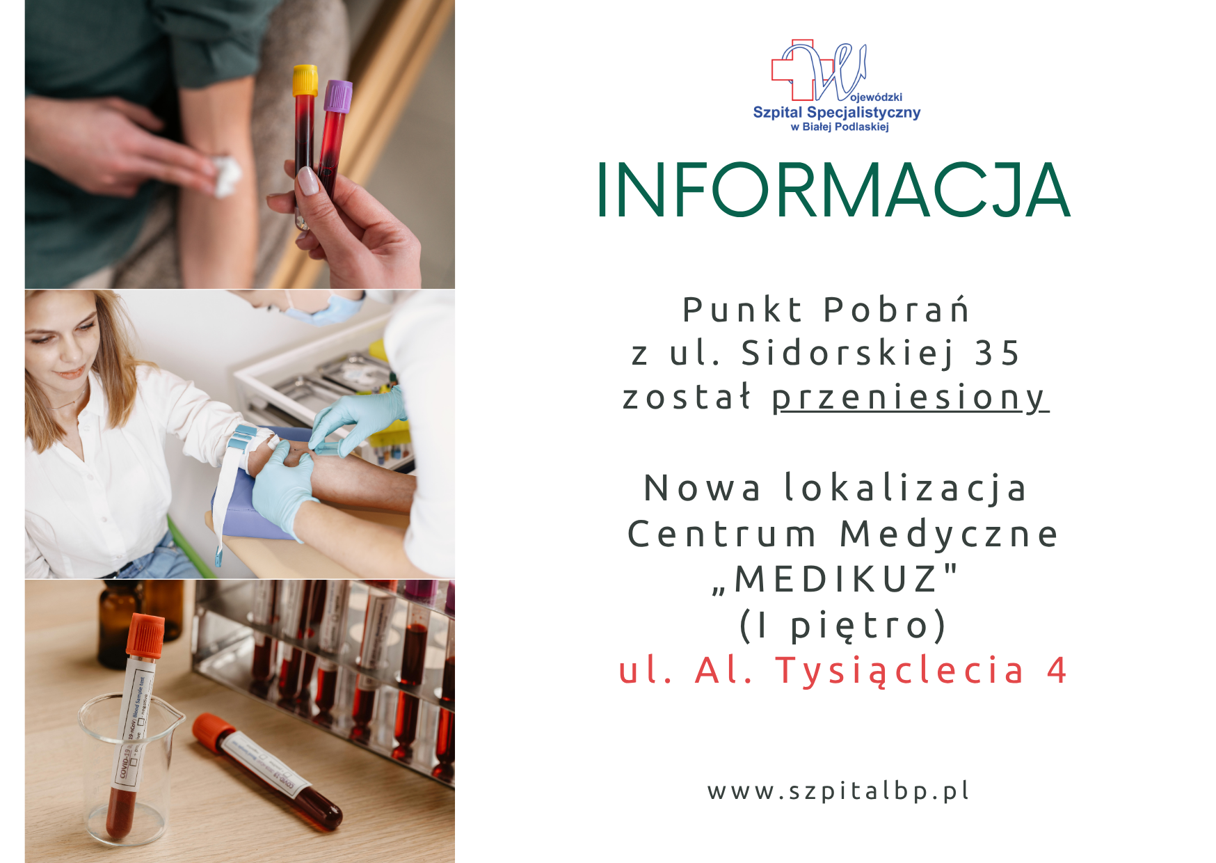 Infografika - Informacja o przeniesieniu Punktu Pobrań z ul. Sidorskiej 35 na Al. Tysiąclecia 4.