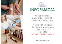 Infografika - Informacja o przeniesieniu Punktu Pobrań z ul. Sidorskiej 35 na Al. Tysiąclecia 4.