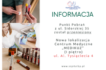 Infografika - Informacja o przeniesieniu Punktu Pobrań z ul. Sidorskiej 35 na Al. Tysiąclecia 4.