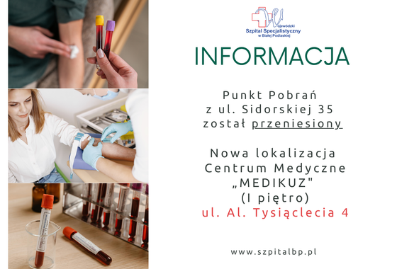 Infografika - Informacja o przeniesieniu Punktu Pobrań z ul. Sidorskiej 35 na Al. Tysiąclecia 4.