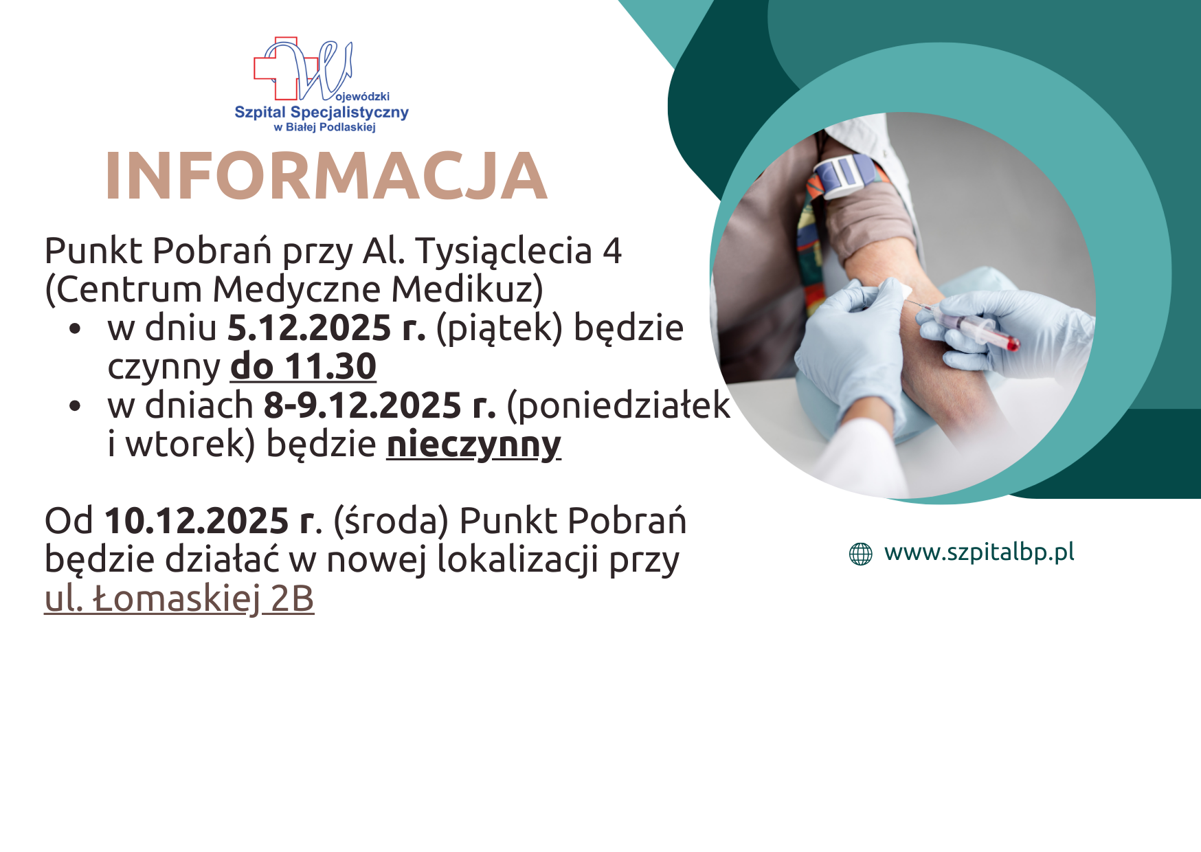 Infografika - Informacja - Zmiana organizacji pracy Punktu Pobrań na Al. Tysiąclecia 4.