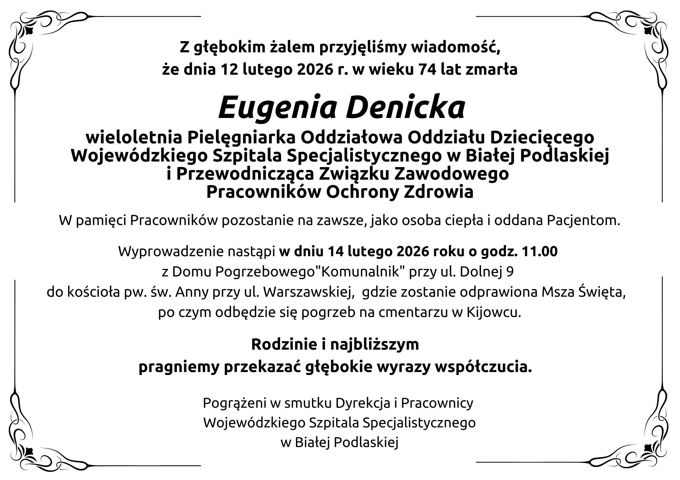 Infografika - Kondolencje z powodu śmierci piel. Eugenii Denickiej.