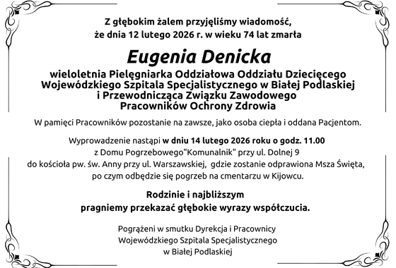 Infografika - Kondolencje z powodu śmierci piel. Eugenii Denickiej.